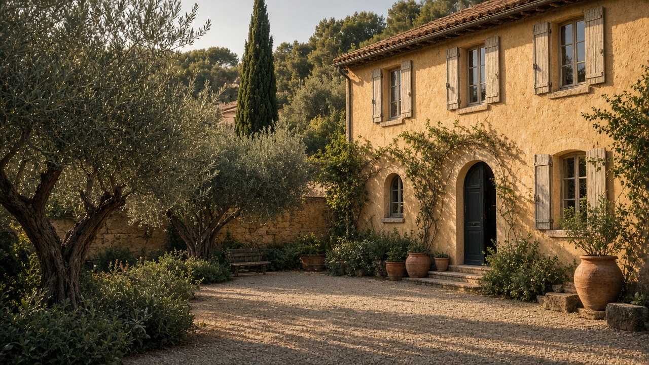 Cour d'une villa méditerranéenne, oliviers et façade ocre