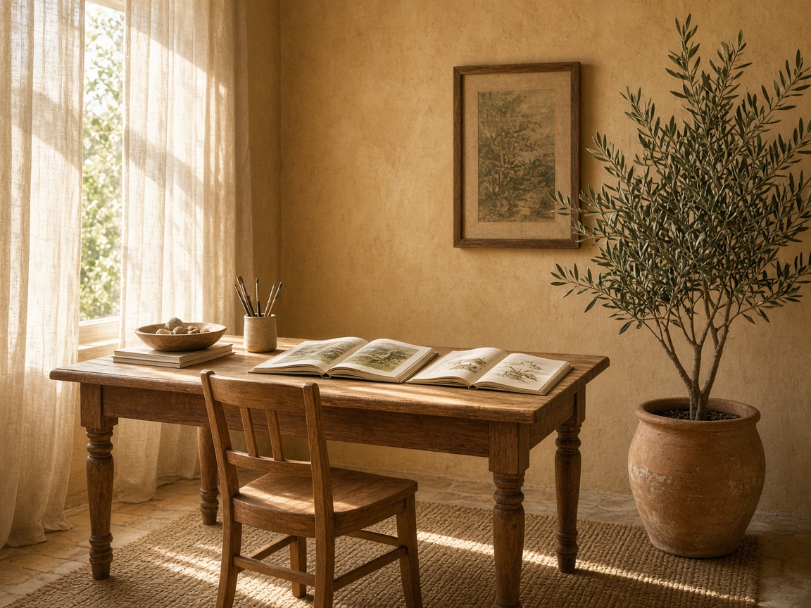 Bureau d'enfant dans une villa, rideaux de lin